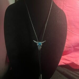 Cowboy themed Silver and Blue Bull Bolo